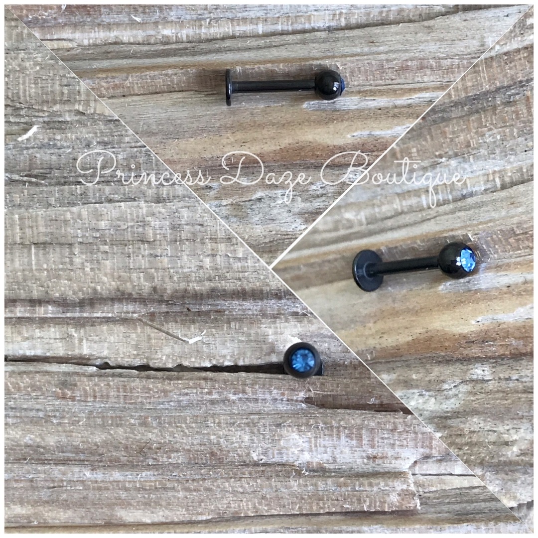Black Labret Piercing Stud With Blue Gemstone Monroe Lip Piercing